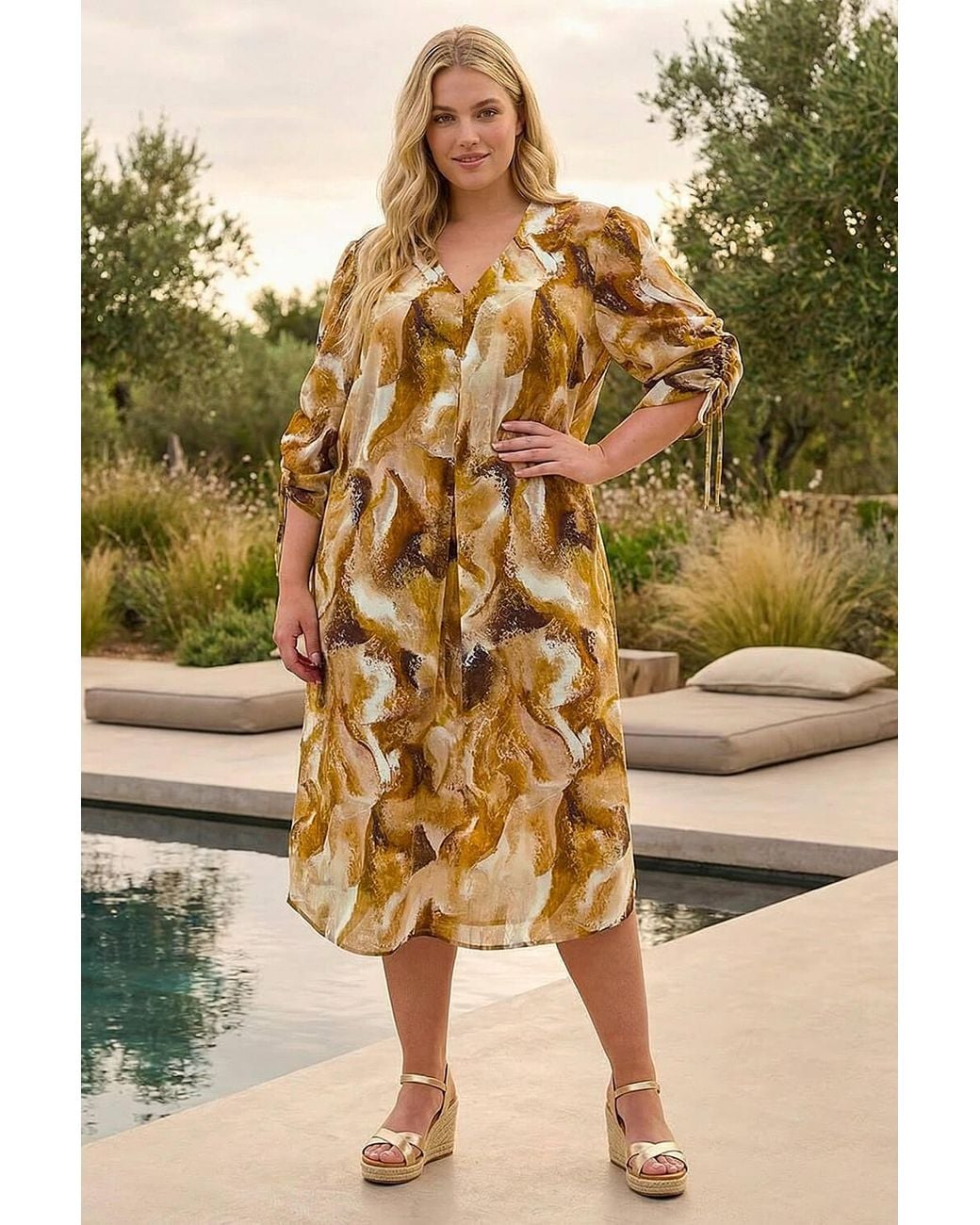 Roman Brown Curve Swirl Print V-Neck Midi Dress