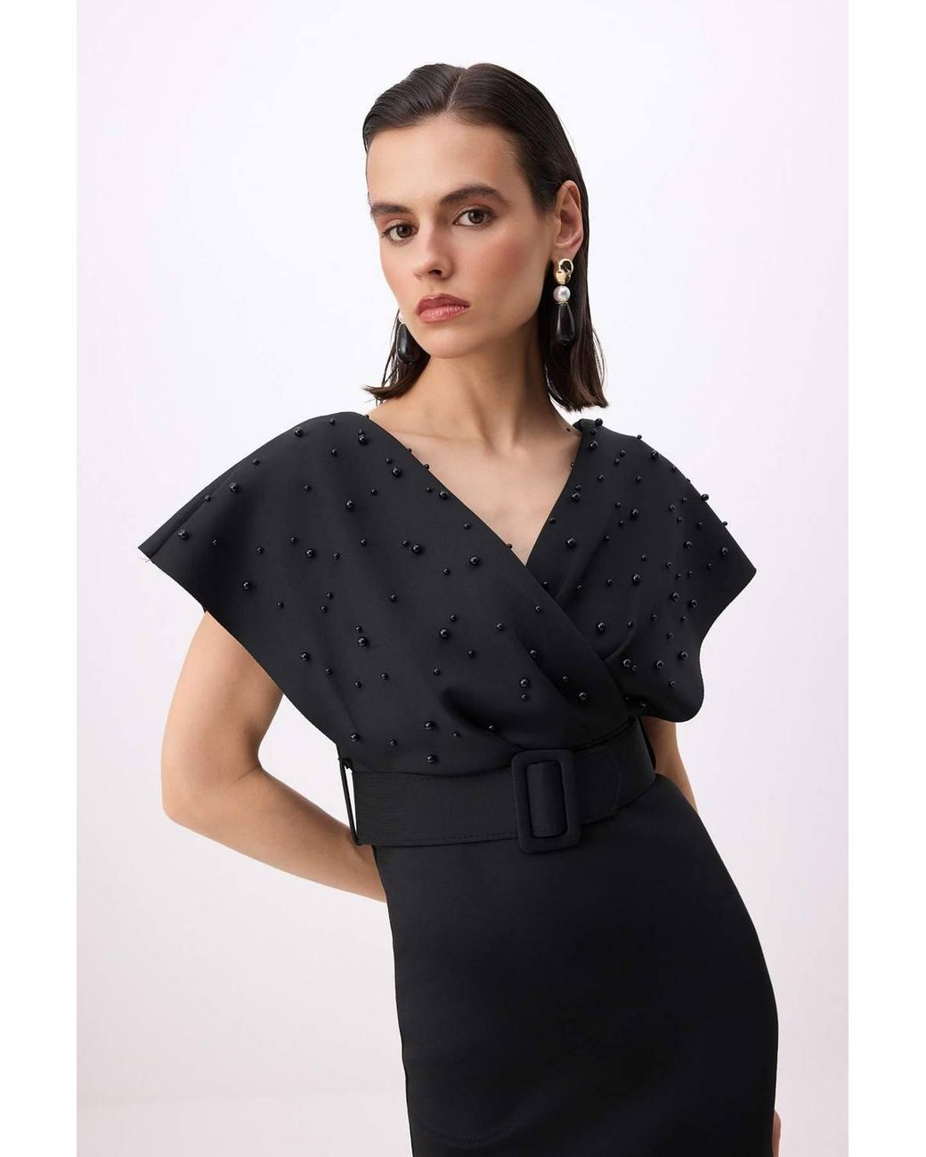 WOVCOR Blue Pearl Accessory Detail V-Neck Angel Sleeve Bodycon Belted Midi Dress