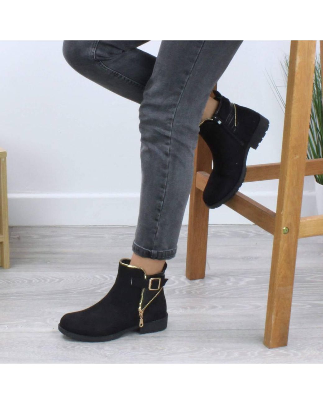 AJVANI Black Low Heel Zip Ankle Boots