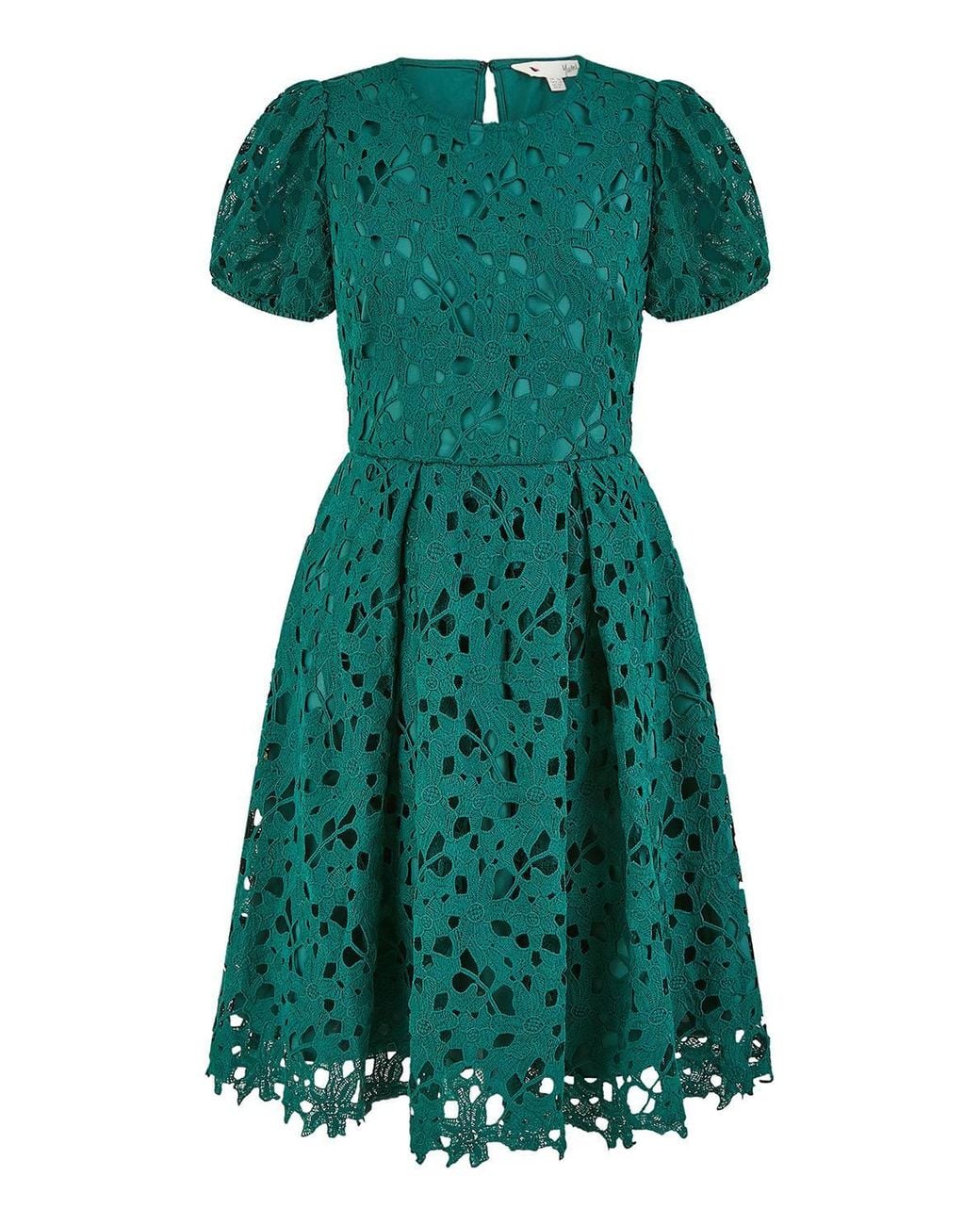 Yumi' Green Lace Skater Dress W/ Puff Sleeves