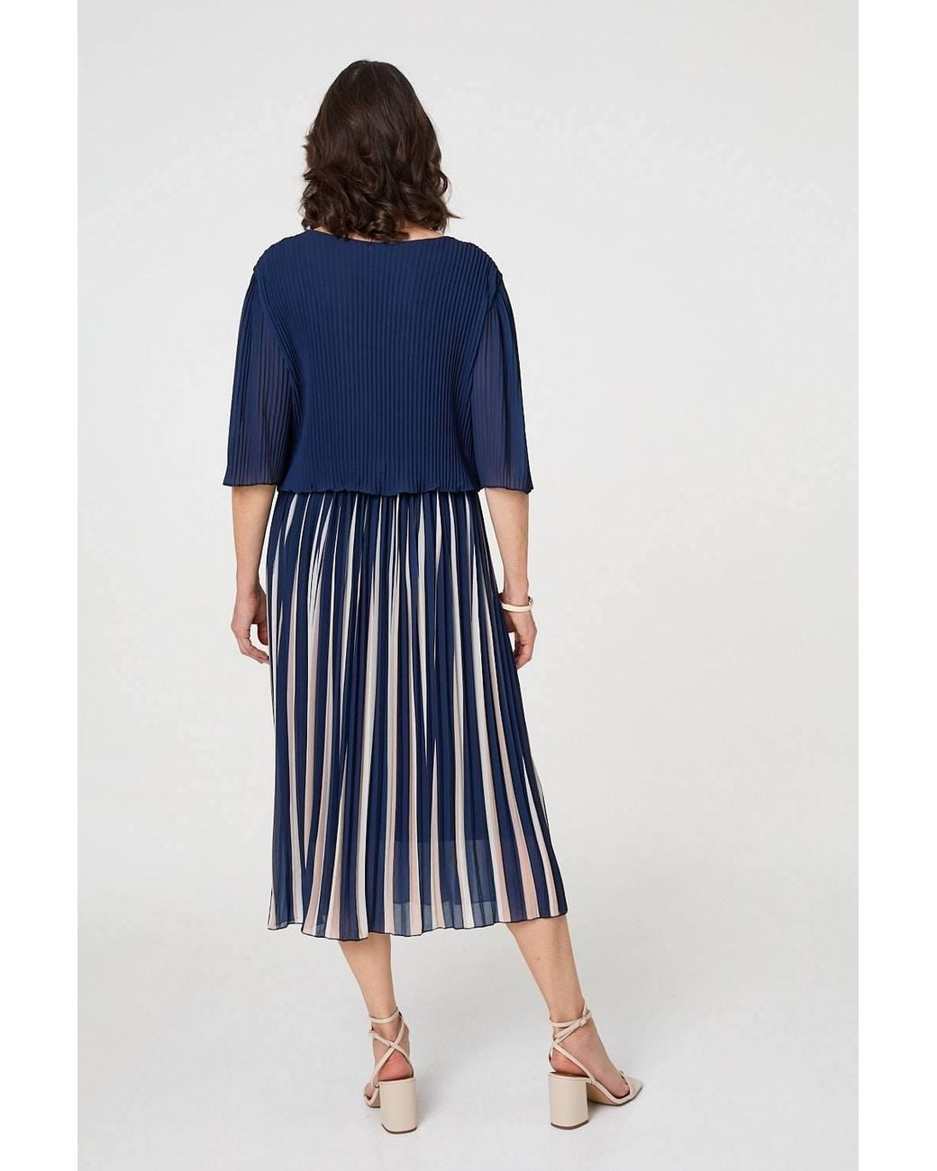 Izabel London Blue Striped Pleat 1/2 Sleeve Midi Dress