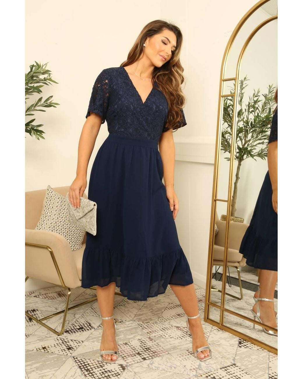 Double Second Blue Lace Wrap Top Midi Tiered Dress