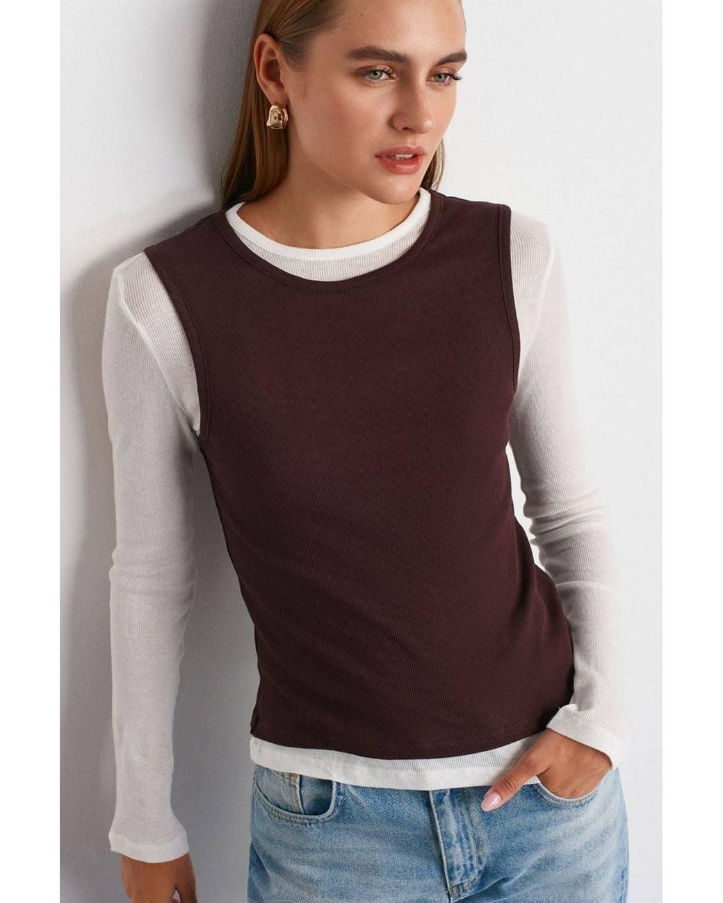 Dilvin Black Fitted Cotton Crew Neck Long Sleeve Blouse