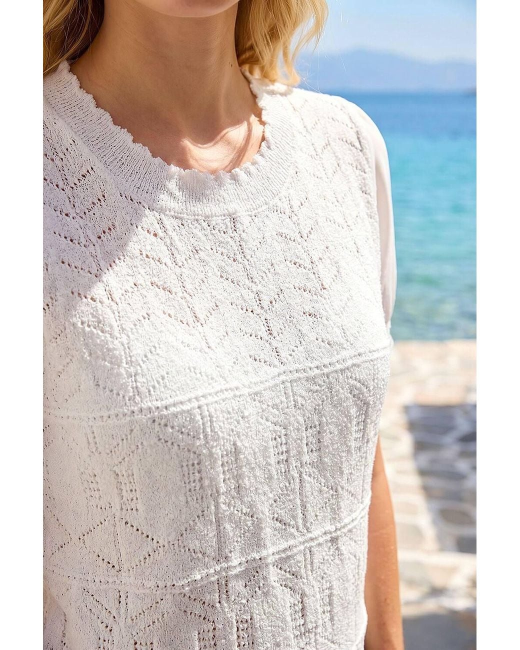 Roman White Pointelle Knit Tee