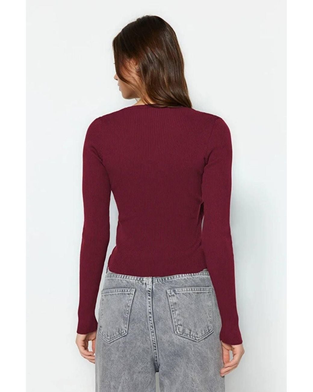 WOVCOR Red Wrap Ribbed Knit Sweater W/ Ruched Side Detail