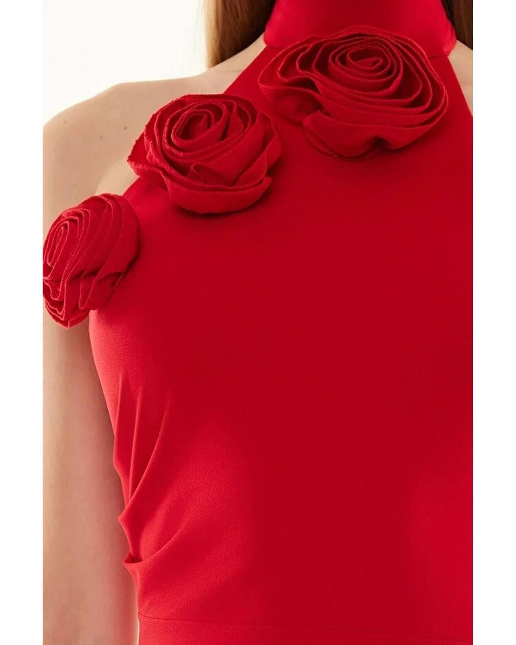 WOVCOR Red Woven Maxi Elegant Evening Dress W/ Rose Detail