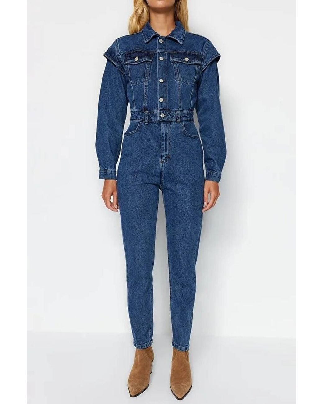 WOVCOR Blue Stitch Detail Collared Long Sleeve Tapered Denim Jumpsuit