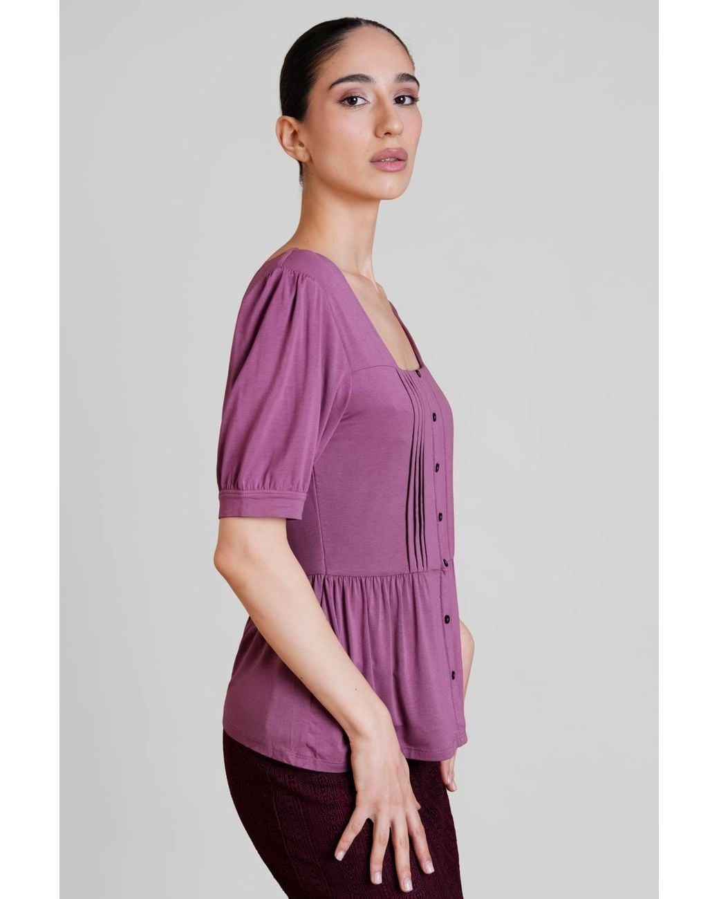 Enorsia Purple Puff Sleeve Squared Neck Top
