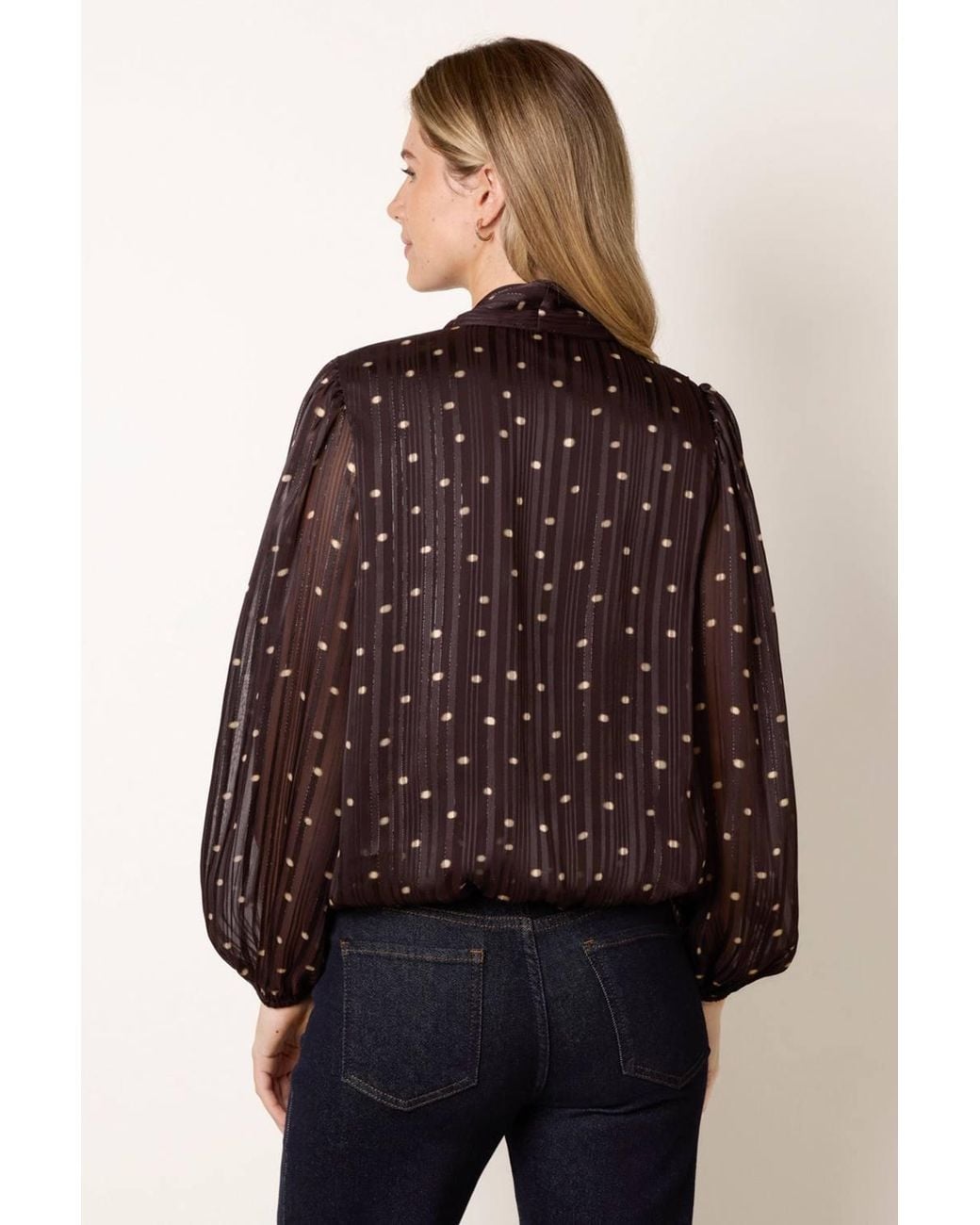 Blue Vanilla Brown Long Sleeve V-Neck Blouse