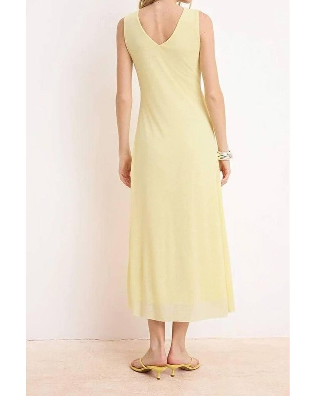 WOVCOR Yellow V Neck Ruffle Detail Sleeveless A-Line Midi Knit Dress
