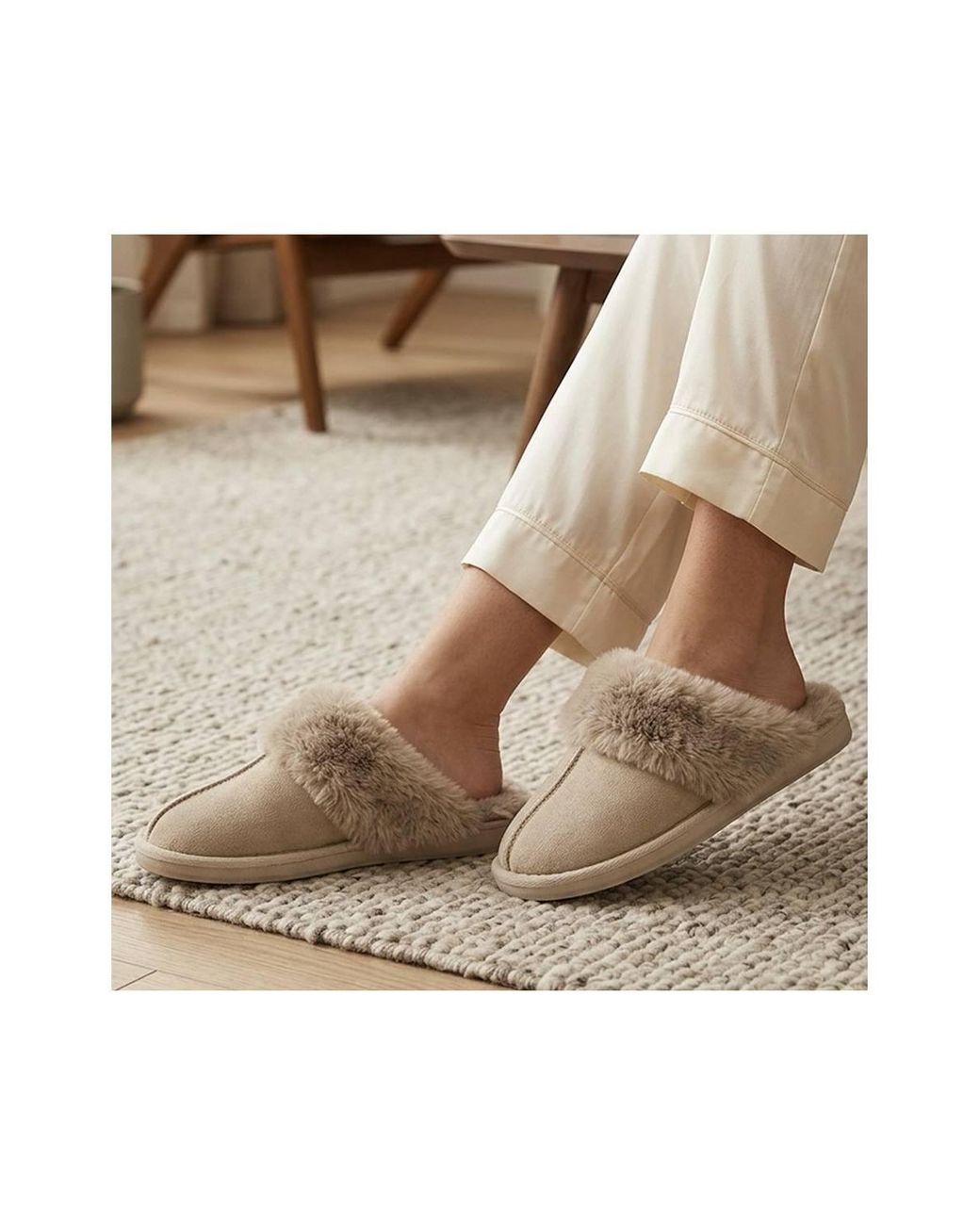 Pavers Natural Wide Fit Fur Slippers