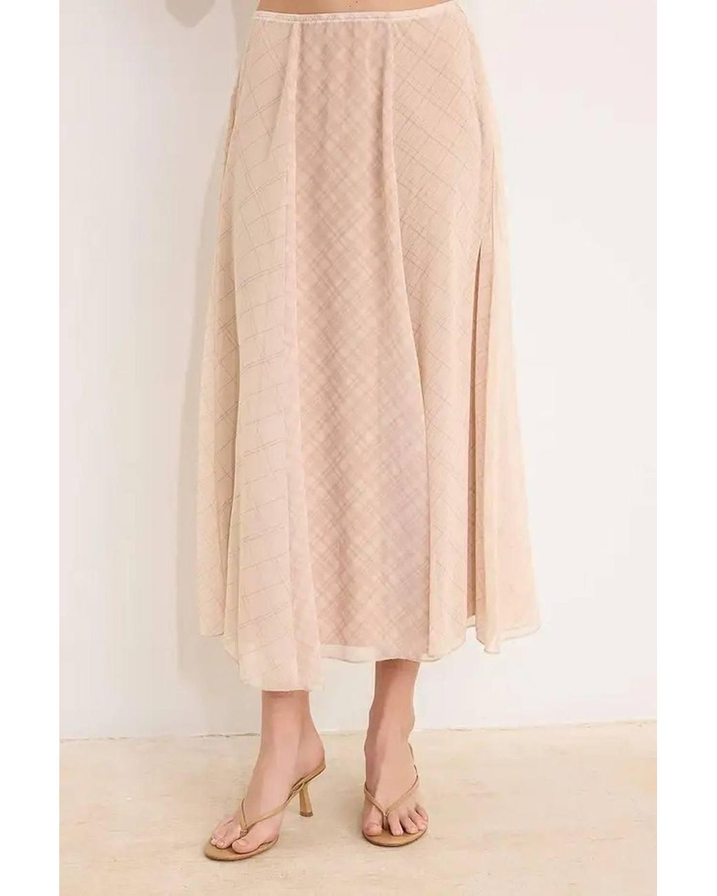 WOVCOR Natural Asymmetric Hem Plaid Chiffon Midi Skirt W/ Lined Finish