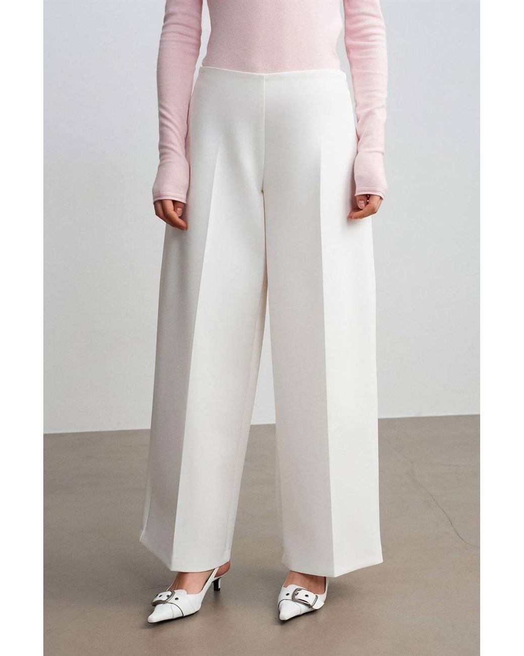 Dilvin White High-Waist Wide-Leg Crepe Trousers