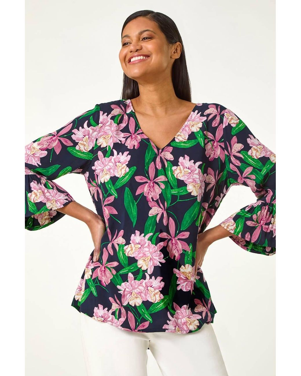 Roman Pink Floral Flare Sleeve Top