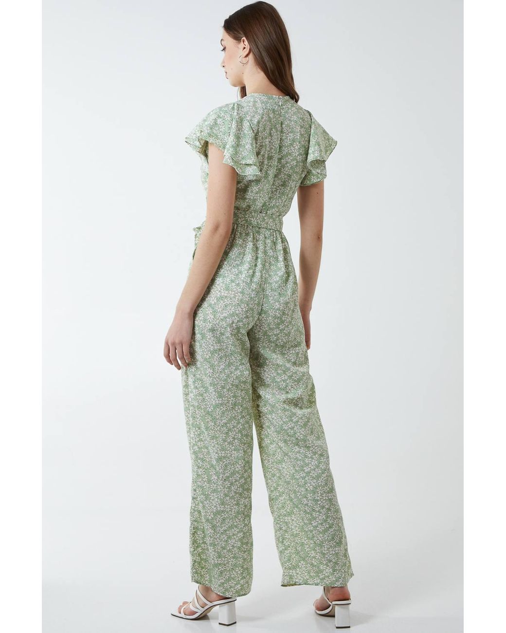 Blue Vanilla Green Wrap Front Frill Sleeve Jumpsuit