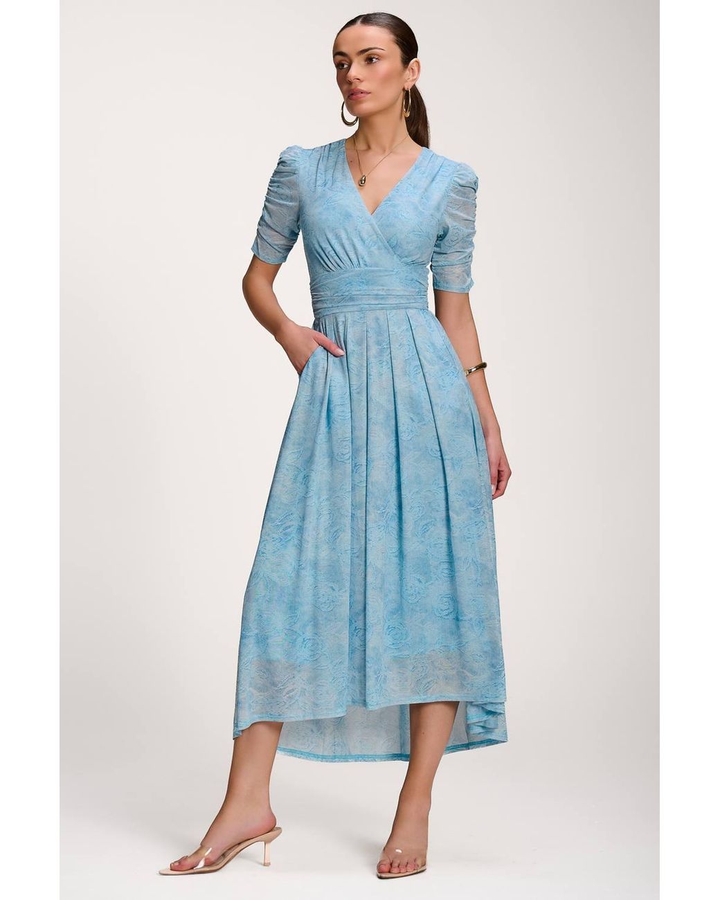 Jolie Moi Blue Printed Mesh Dip Hem Maxi Dress