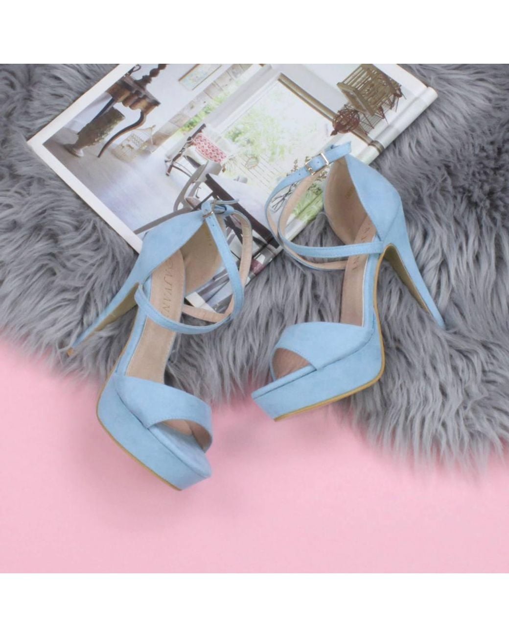 AJVANI Blue High Heel Crossed Straps Platform Sandals