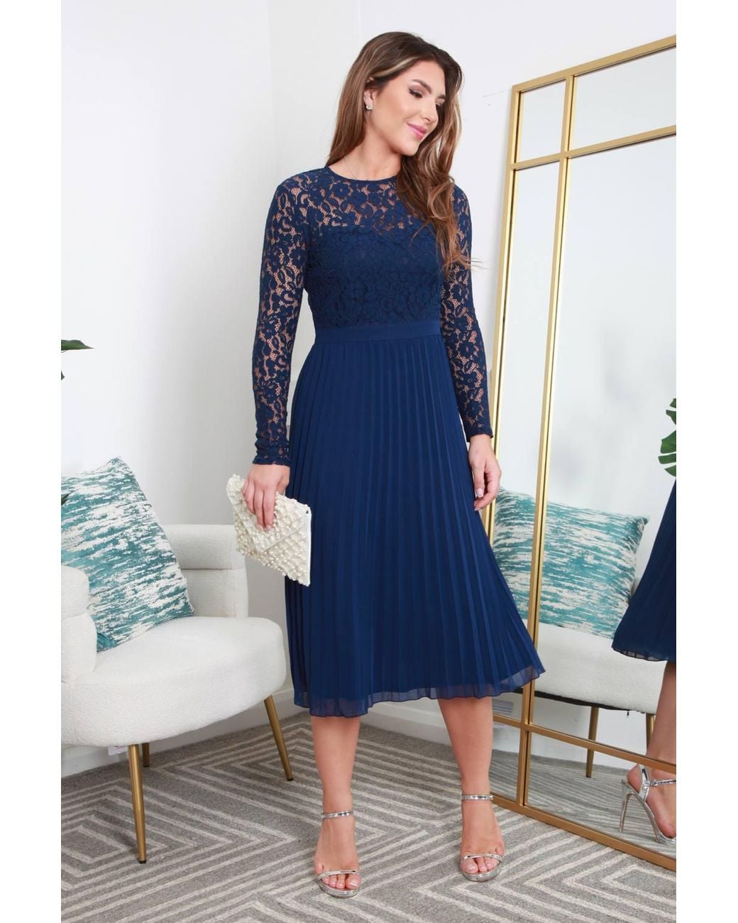 Double Second Blue Long Sleeve Lace Pleated Dress