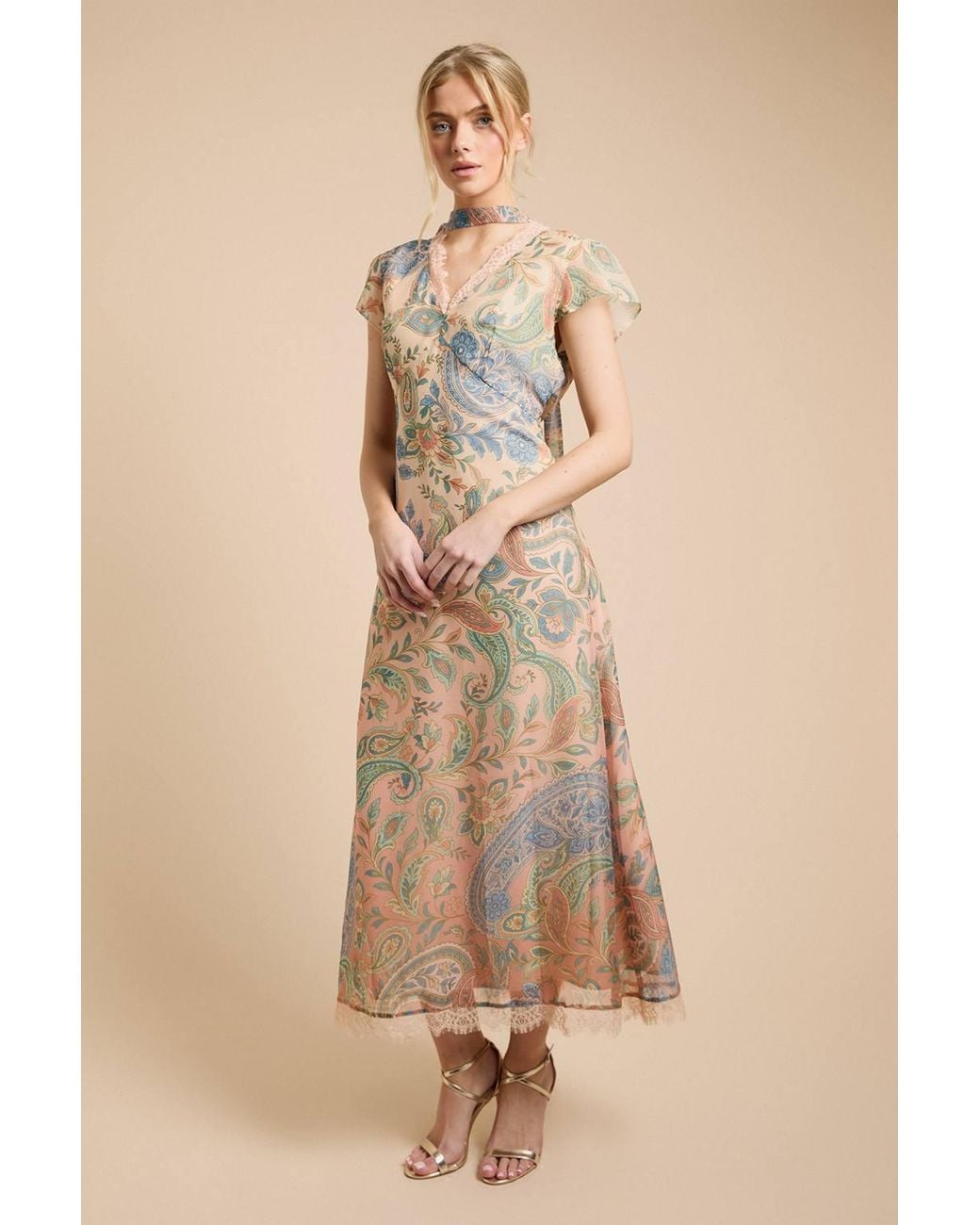 Oasis Natural Fluted Sleeve Midaxi Dress With Neck Scarf Detail