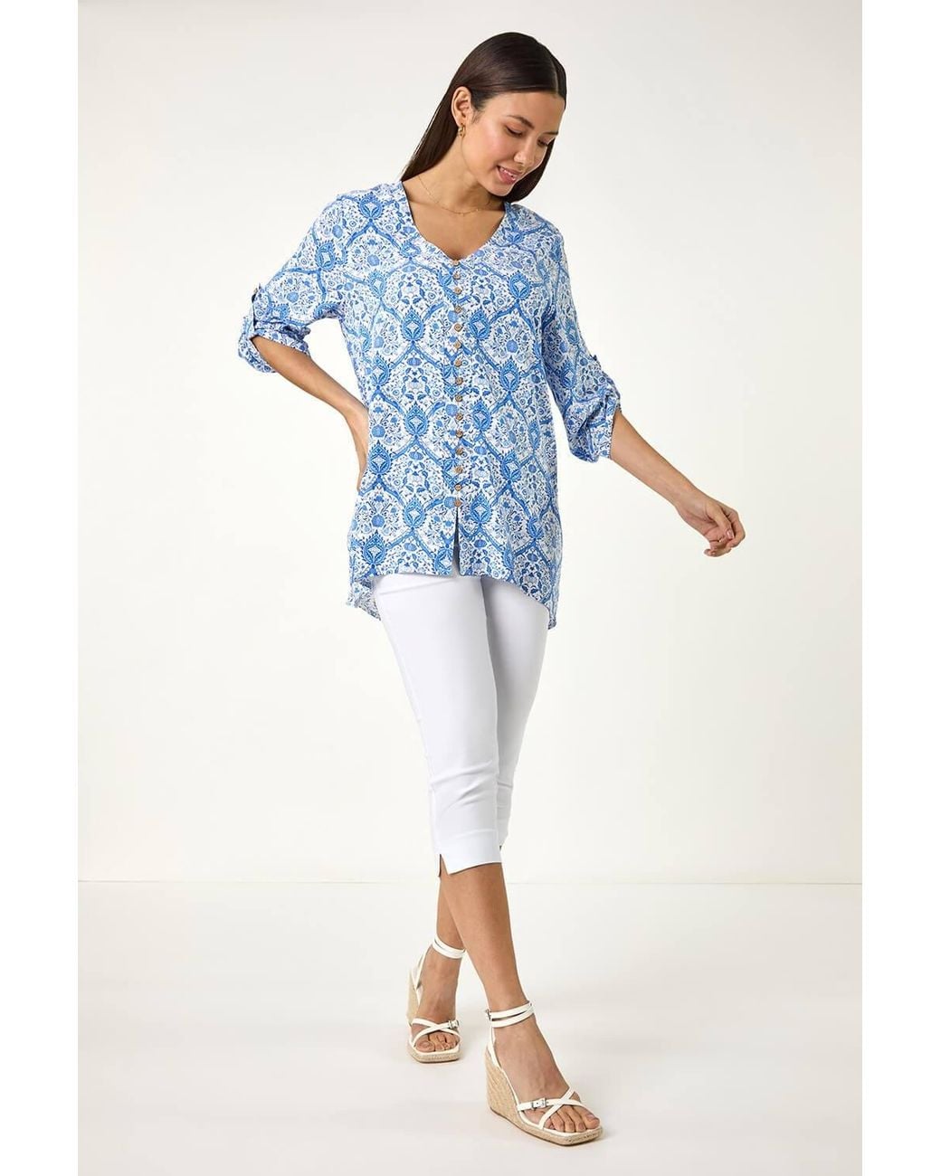 Roman Blue Floral Printed Button Detail Top