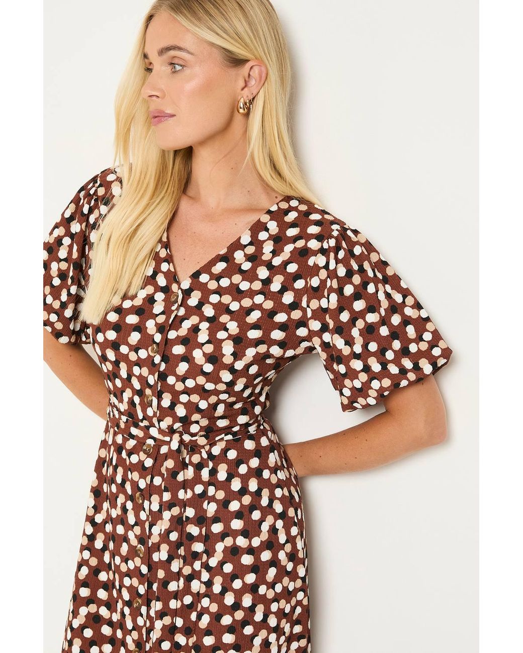 Wallis Brown Spot Petite Jersey Button Midi Dress