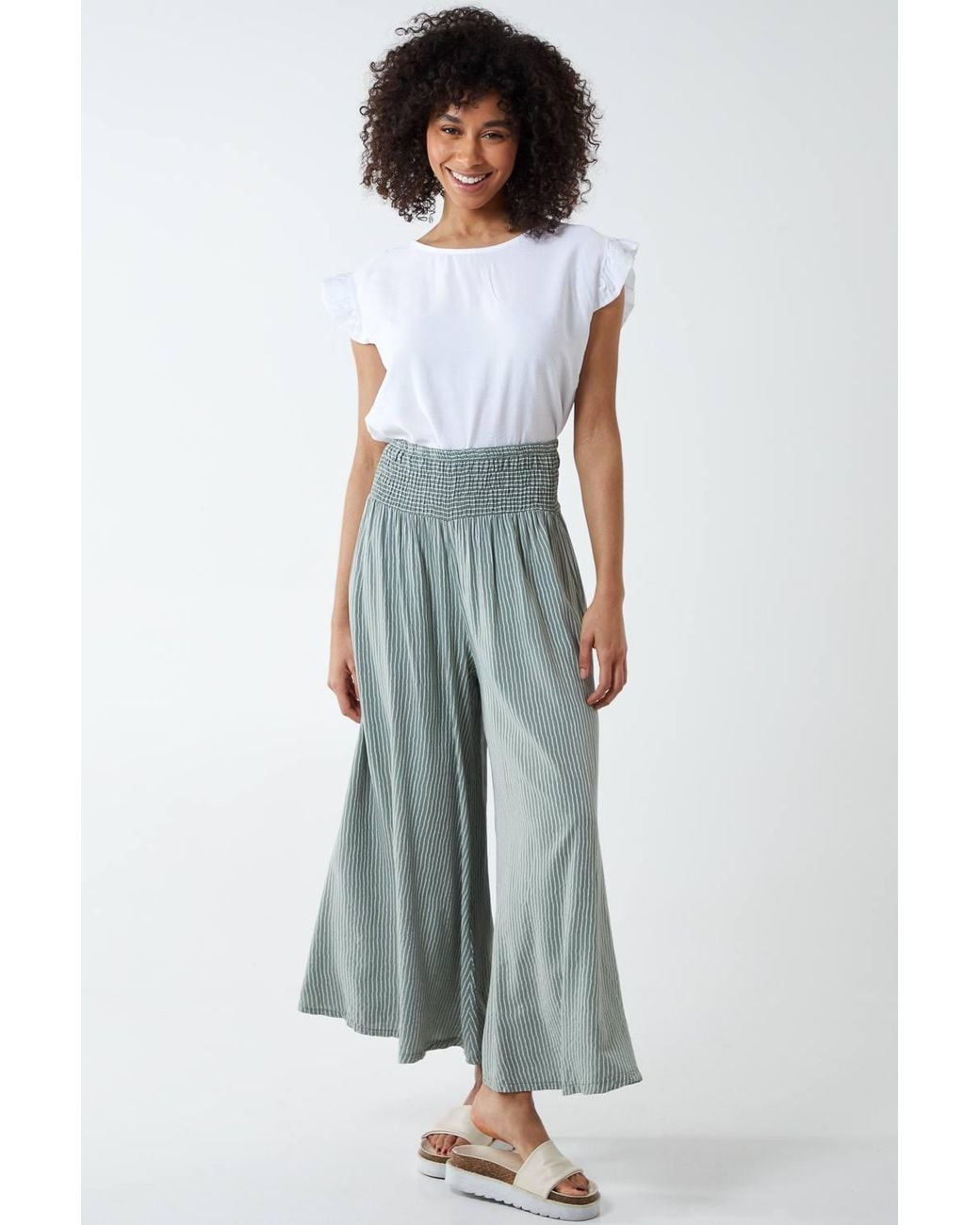Blue Vanilla White Button Back Frill Shoulder Top