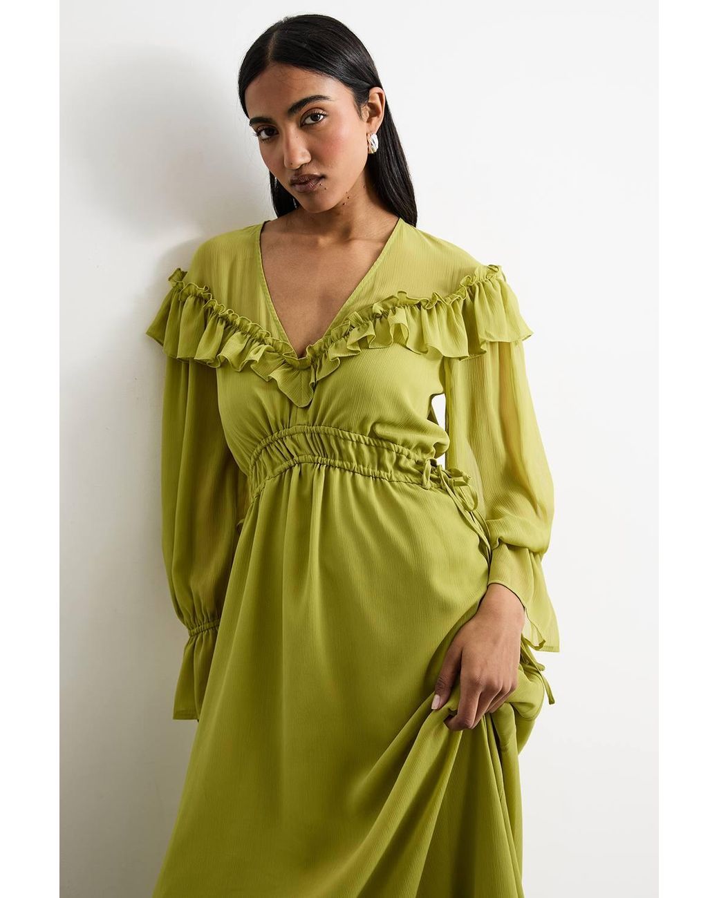 Warehouse Yellow Ruffle Shoulder Detail V Neck Boho Maxi Dress