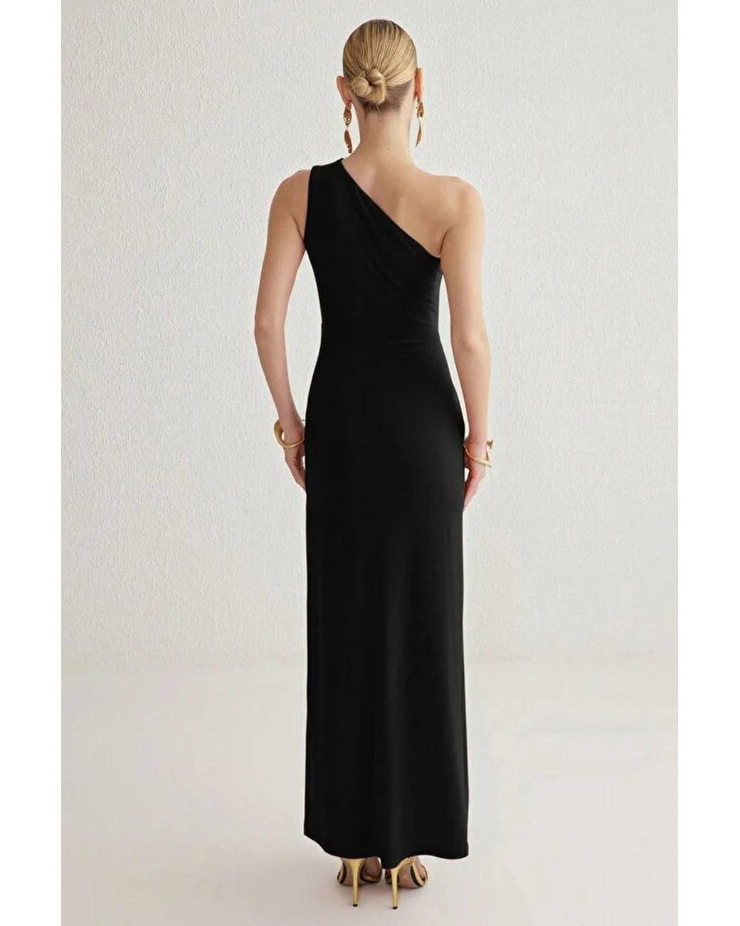 WOVCOR Black One Shoulder Cut-Out Split Maxi Dress