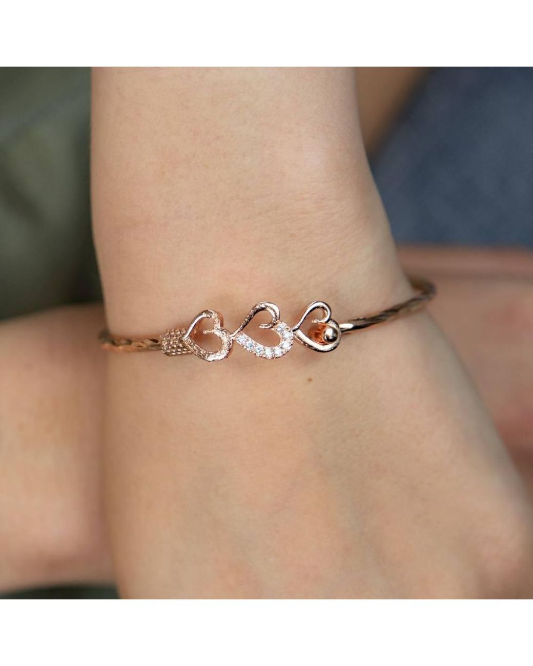 The Colourful Aura Natural Three Heart Zircon Love Couple Cuff Slim Lightweight Stacking Bangle