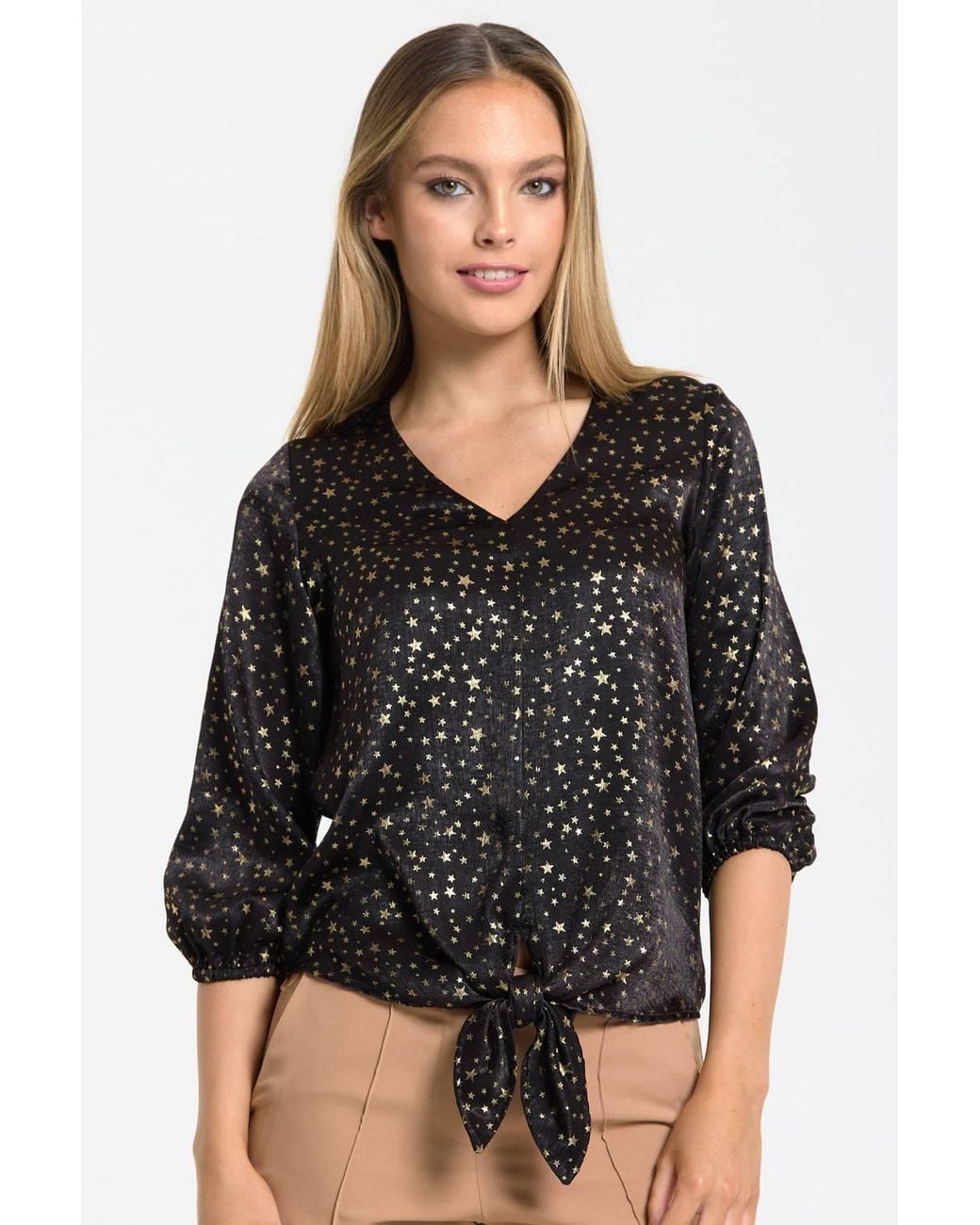 Liquorish Black Star Print Tie Front Top