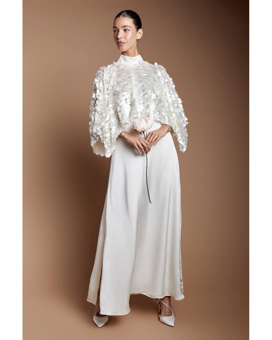 Coast White Couture Disk Sequin Cape Detail Satin Maxi Dress