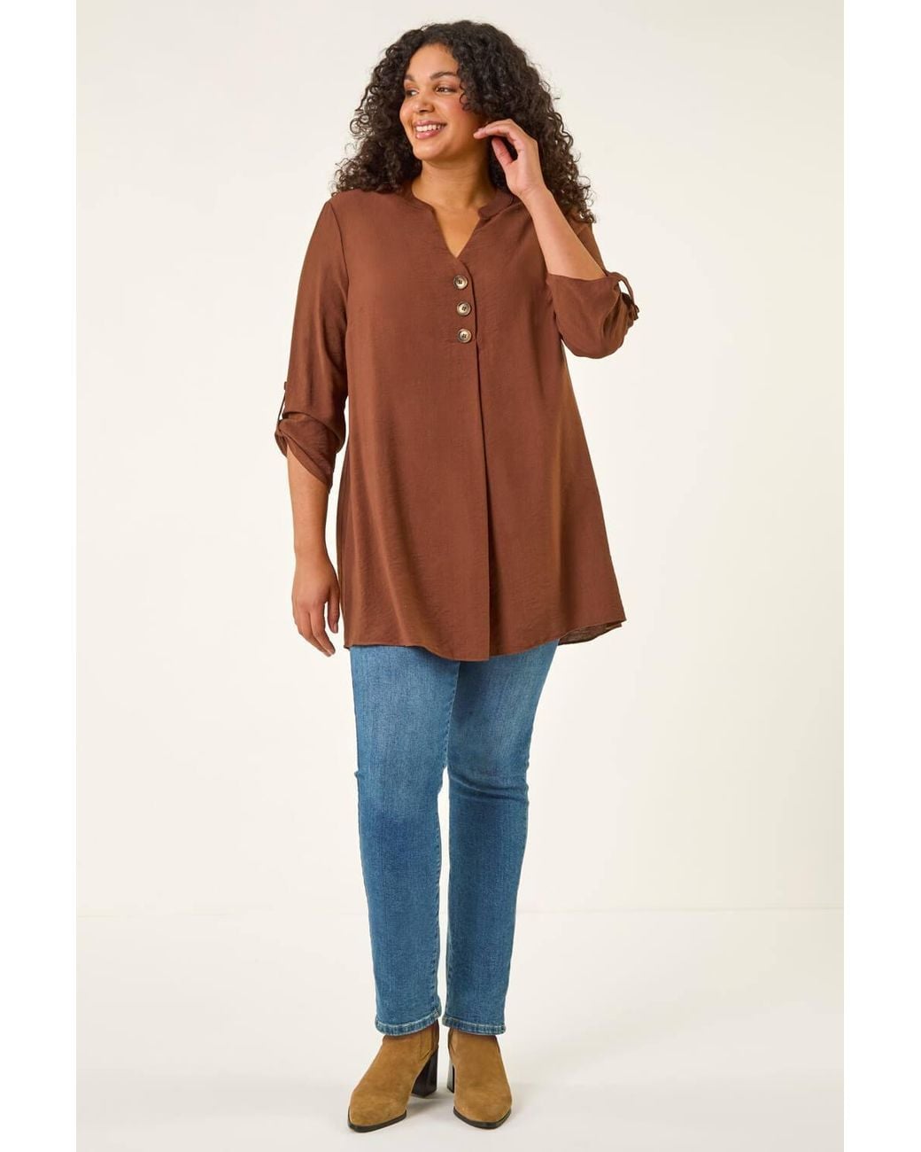 Roman Green Curve Textured Buttoned Tunic Top