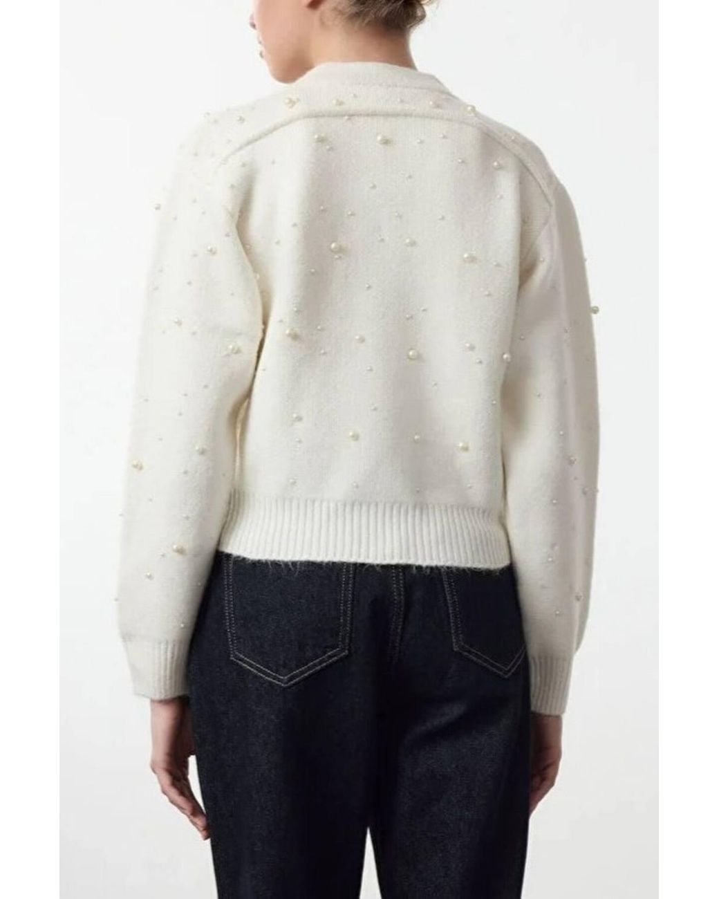 WOVCOR White Textured Knit Zipper Cardigan W/ Stone Embellishment