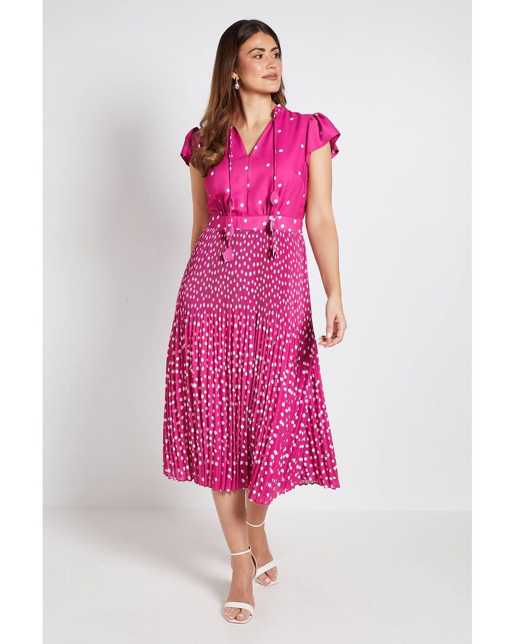 Wallis Pink Polka Dot Ruffle Neck Pleated Midi Dress