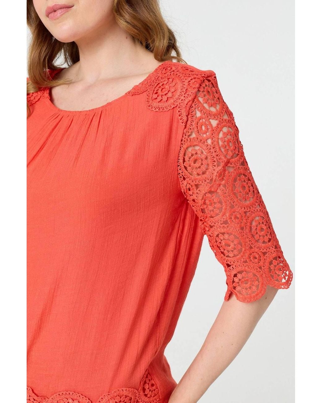 Izabel London Red Lace Trim Semi Sheer 1/2 Sleeve Blouse