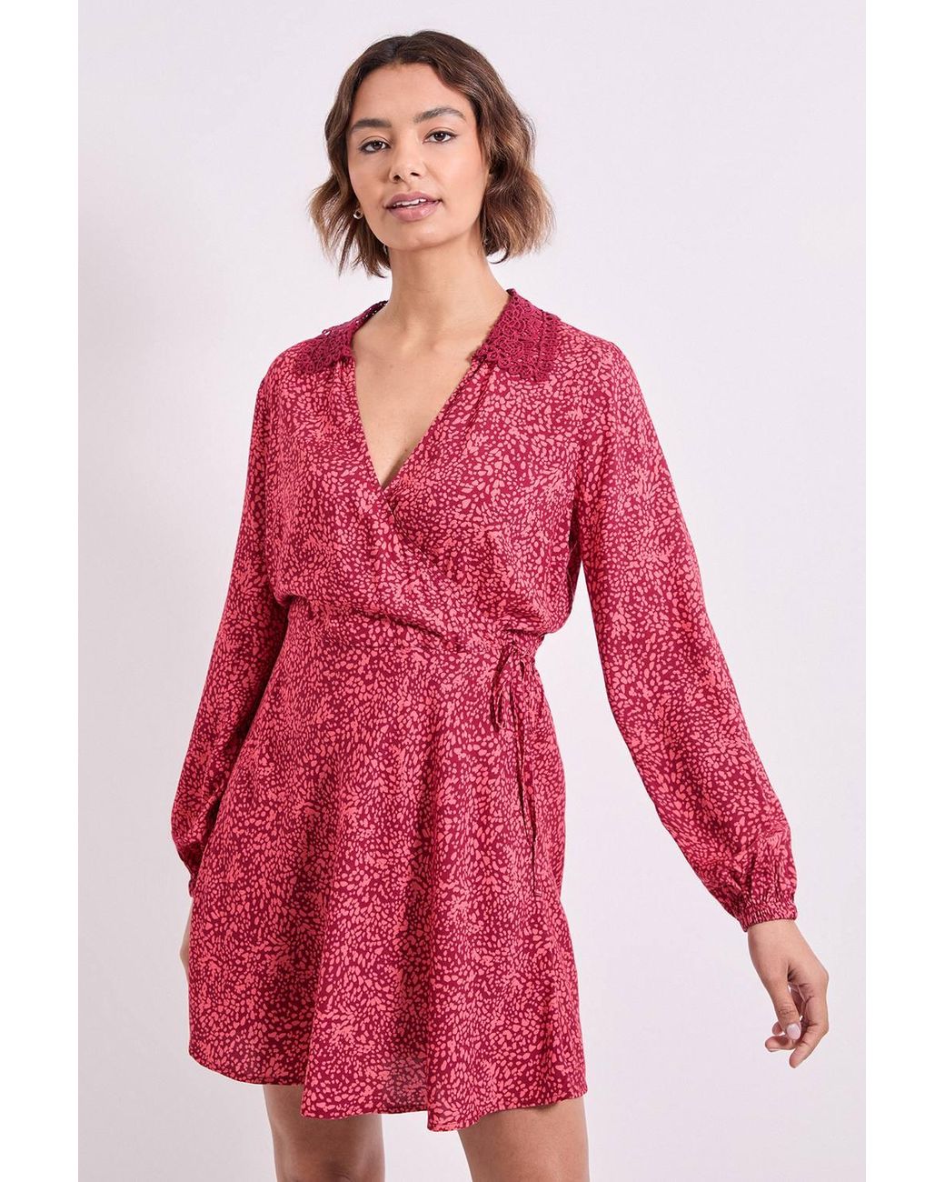 Dorothy Perkins Red Animal Lace Collar Detail Wrap Printed Mini Dress