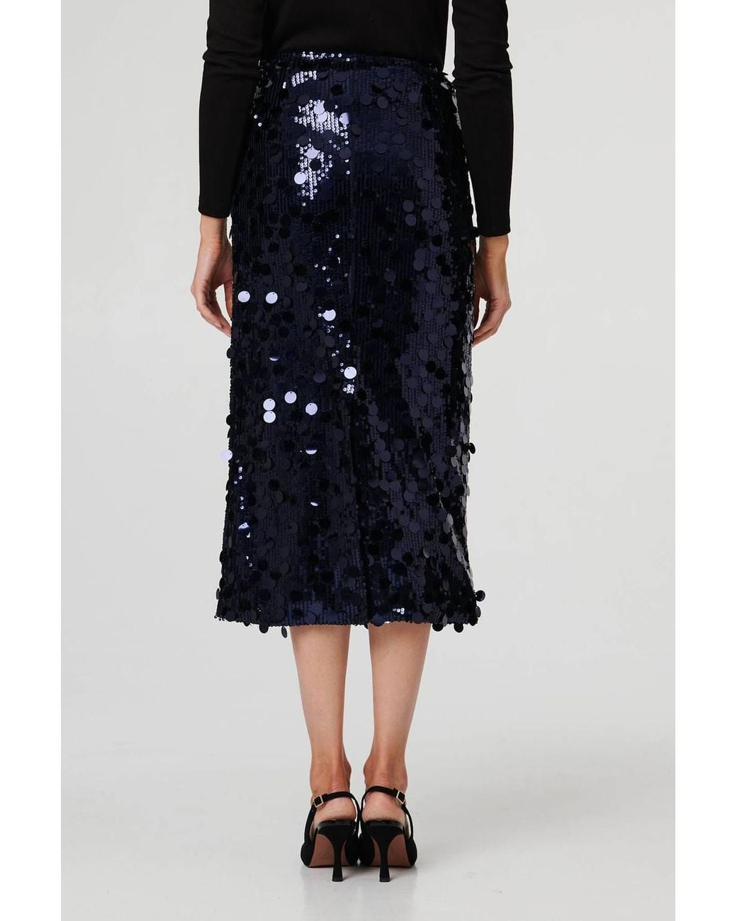Izabel London Black Sequin Embellished Straight Midi Skirt