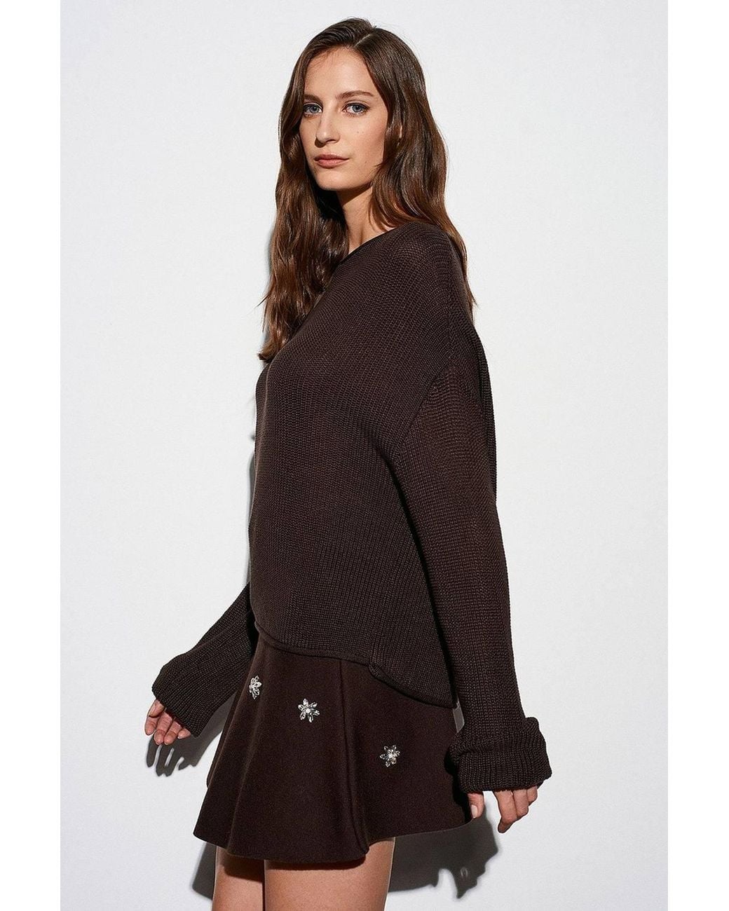 Dilvin Brown Ribbed Boat Neck Knit Sweater