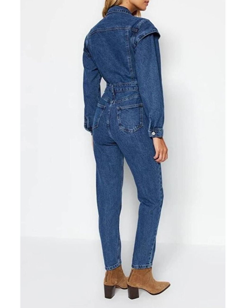 WOVCOR Blue Stitch Detail Collared Long Sleeve Tapered Denim Jumpsuit