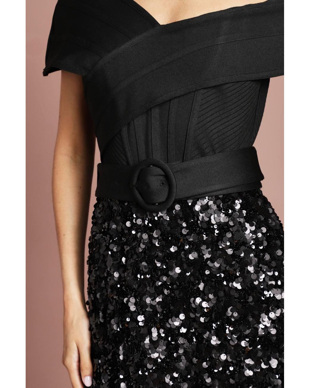 Coast Black Bardot Bandage Bodice Sequin Skirt Maxi Dress