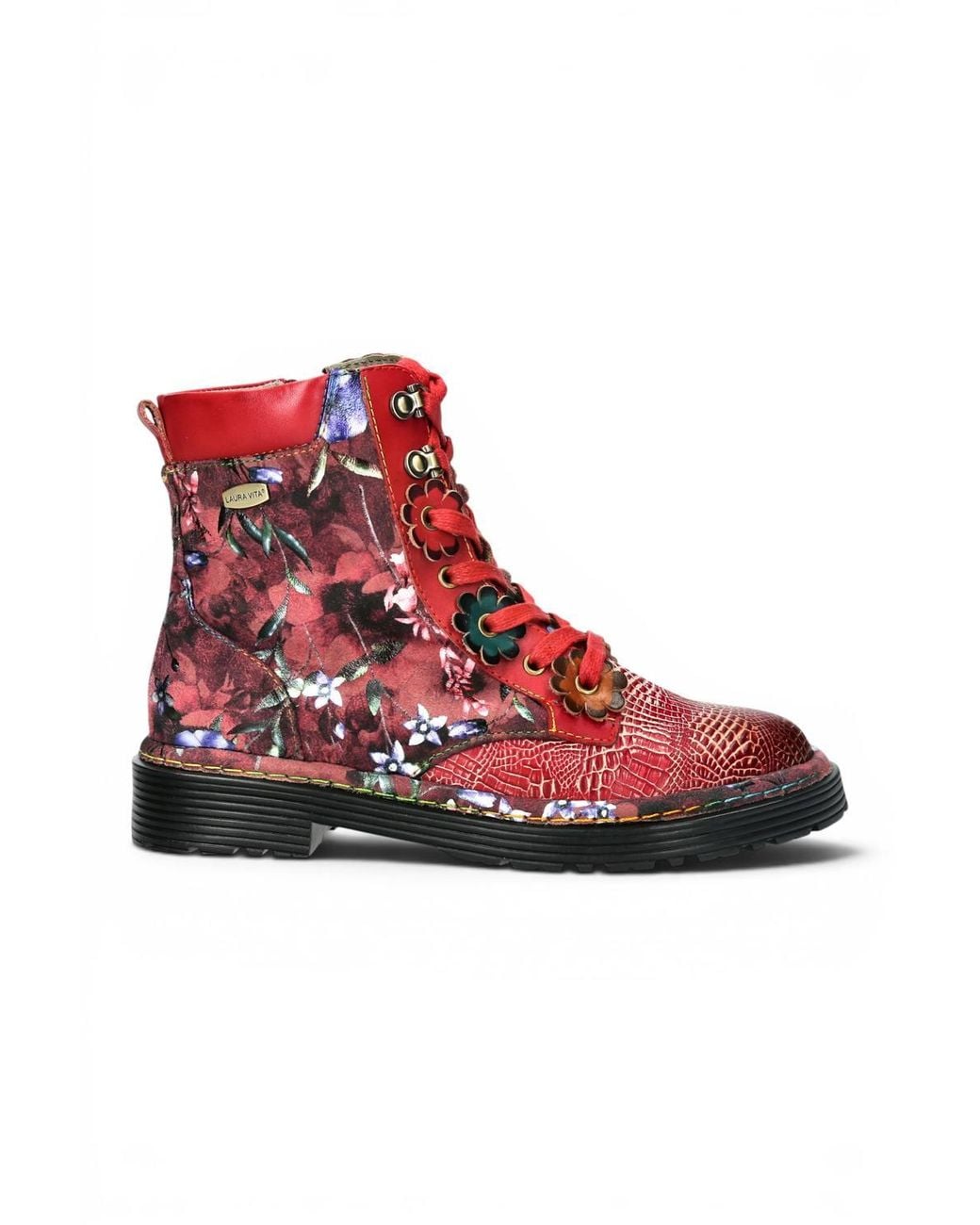 Infinity Leather Red Gothic Victorian Floral Leather Lace-Up Boots