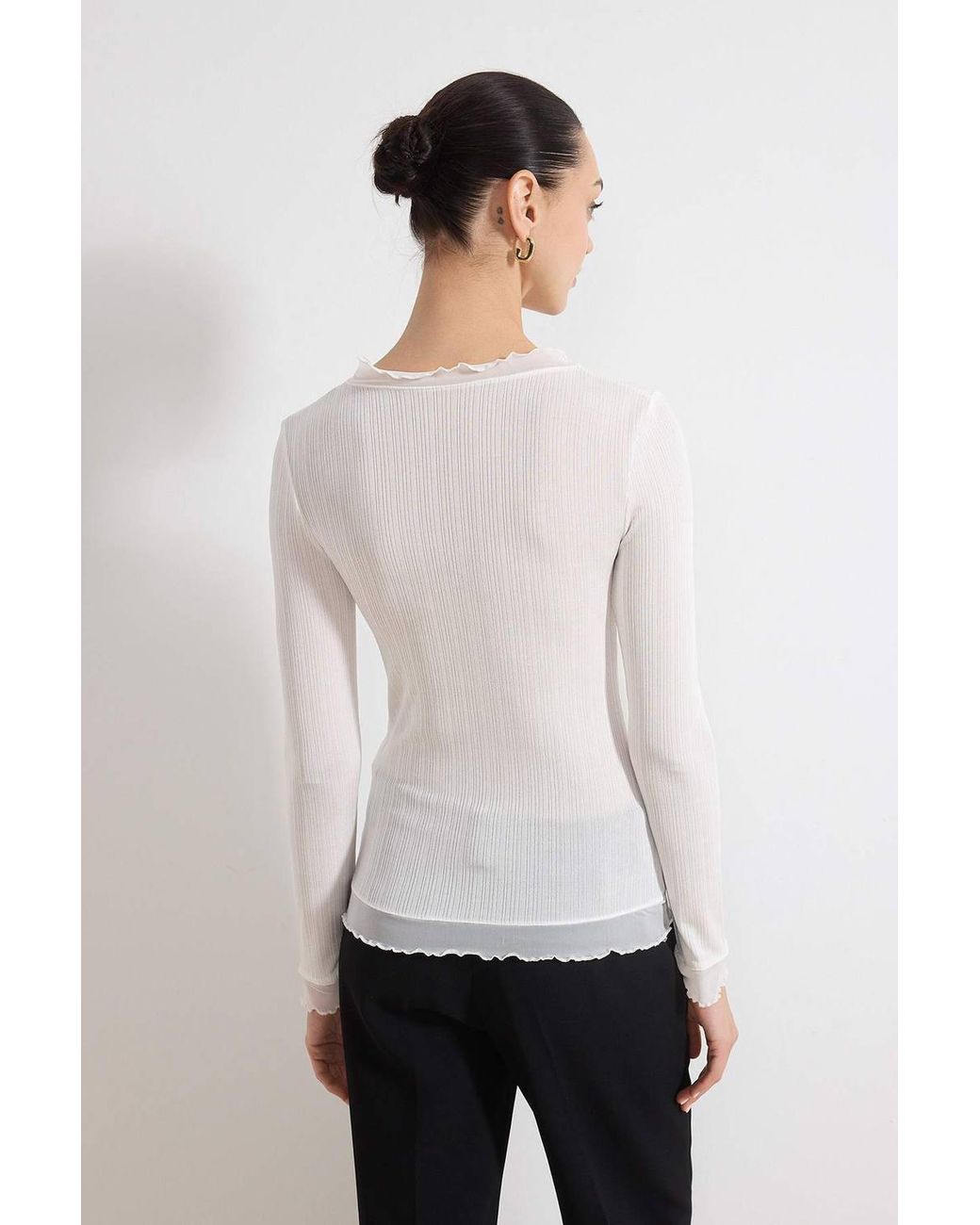WOVCOR White Transparent Fitted Long Sleeve Frill Detail Textured Knit Blouse