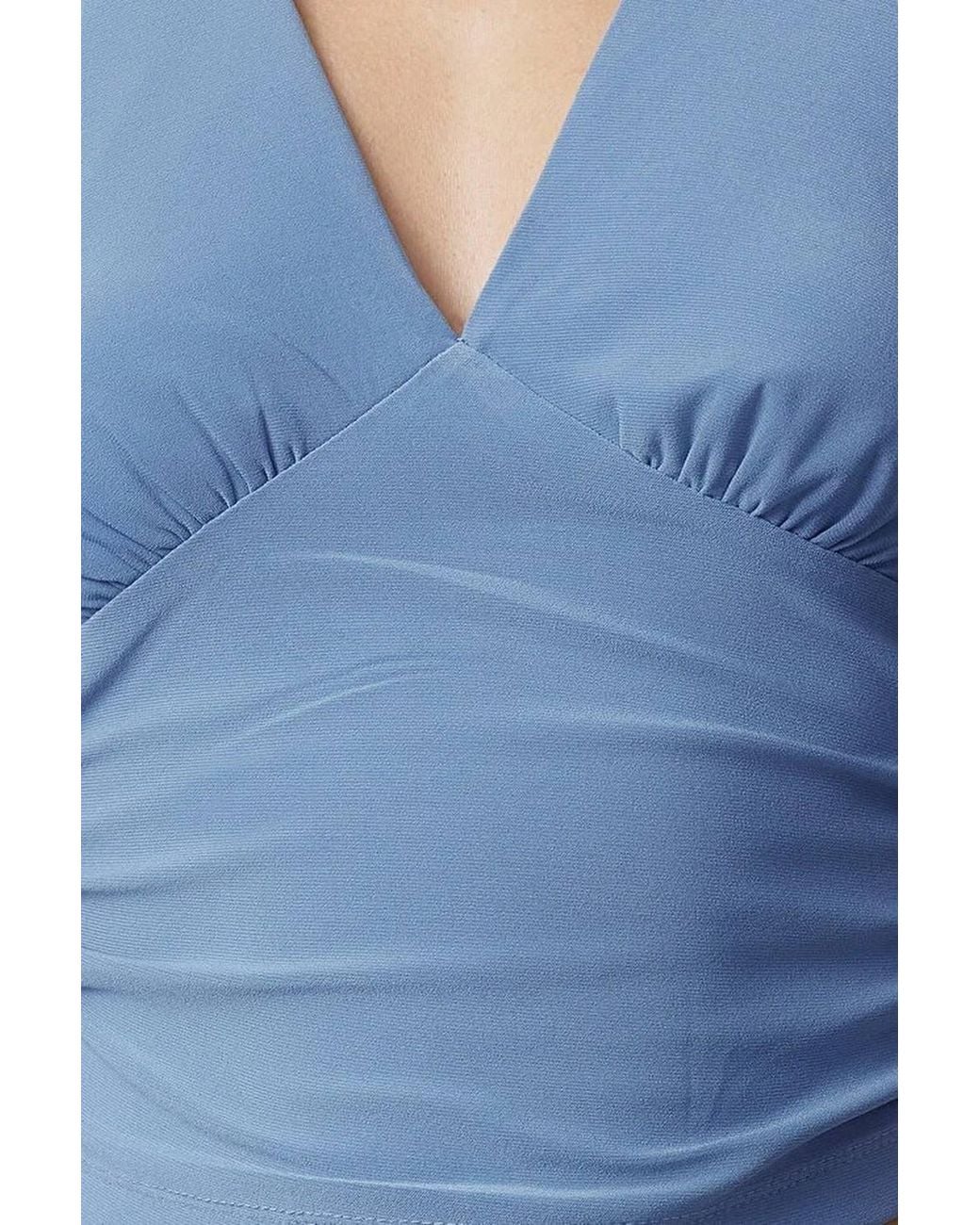 WOVCOR Blue Halter Neck Ruched Crop Top W/ Deep V Neck
