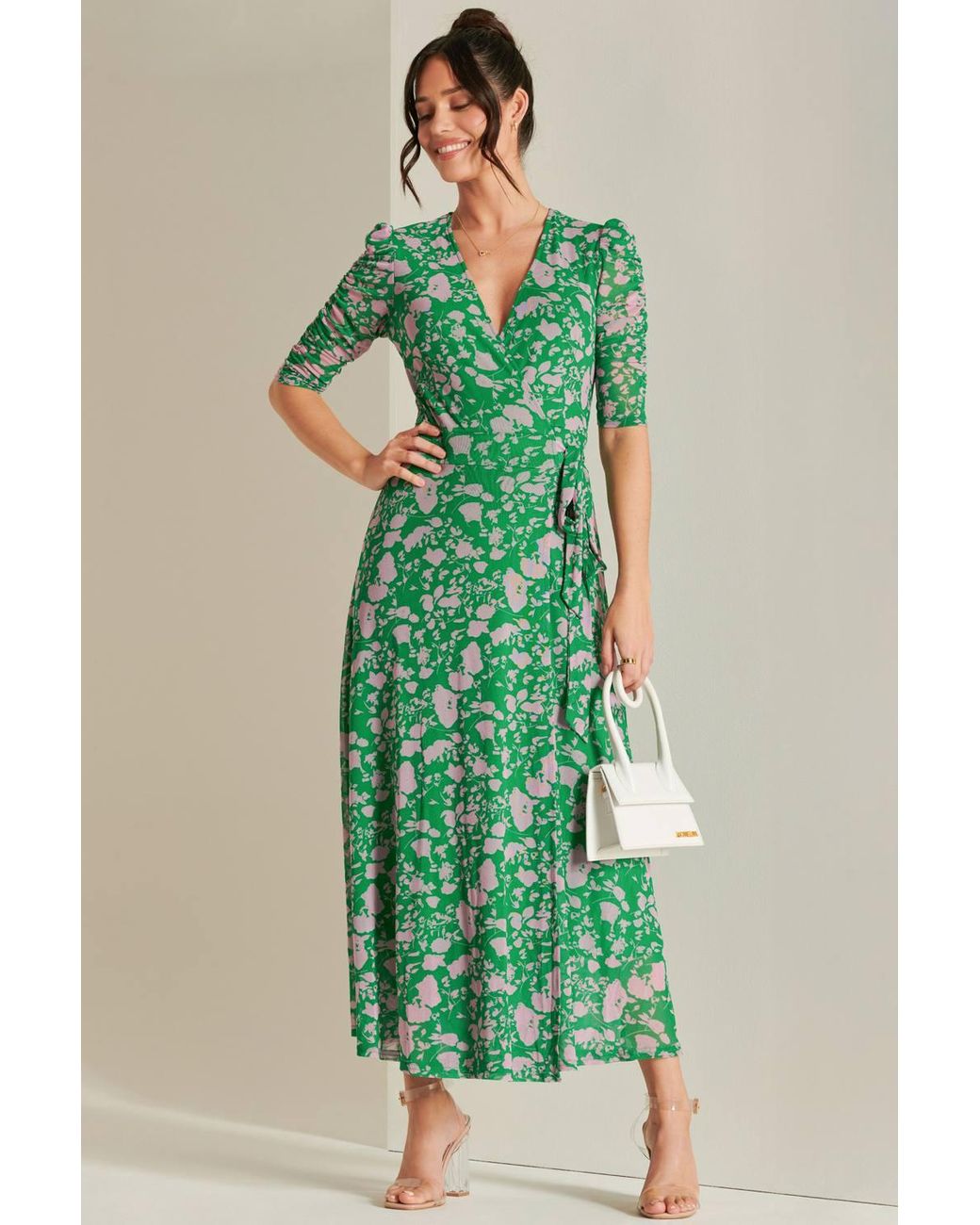 Jolie Moi Green Daliyah Wrap Front Mesh Maxi Dress