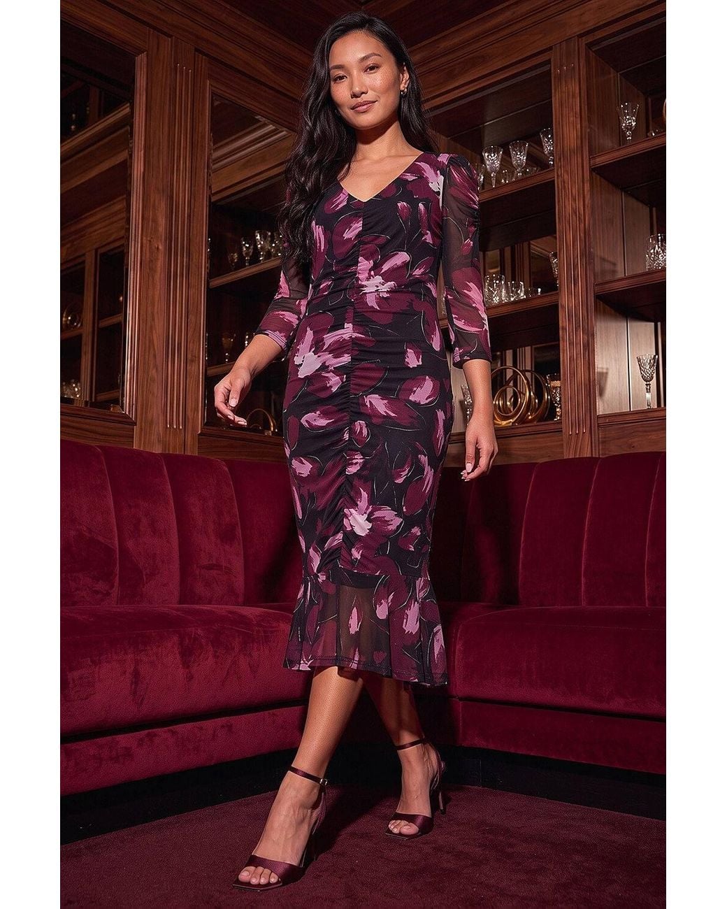 Roman Red Ruched Floral Frill Dress