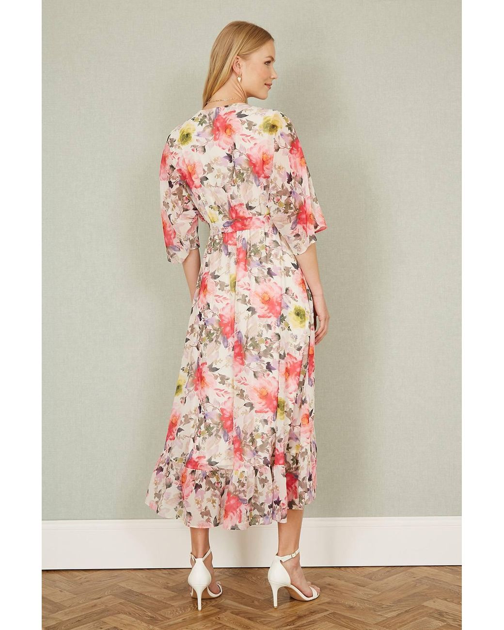 Yumi' Pink Vintage Floral Wrap Midi Dress W/ Frill