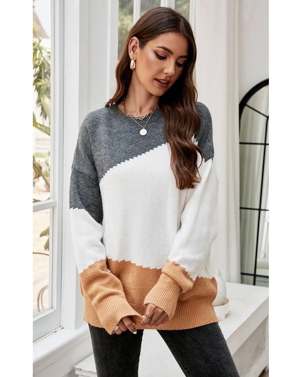 FS Collection White Camel Block Colour Jumper Top