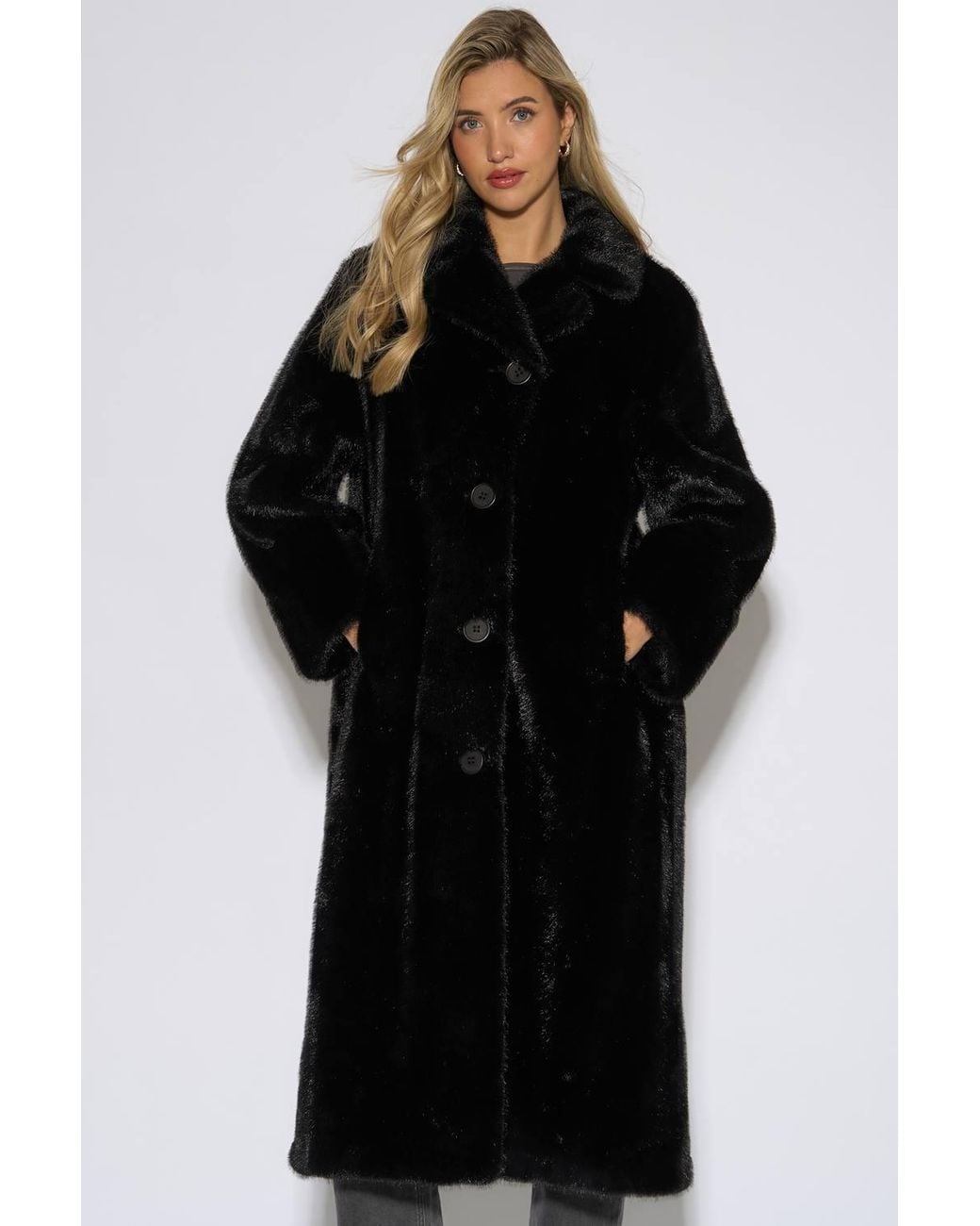 Gini London Black 2 Tone Maxi Faux Fur Coat Jacket