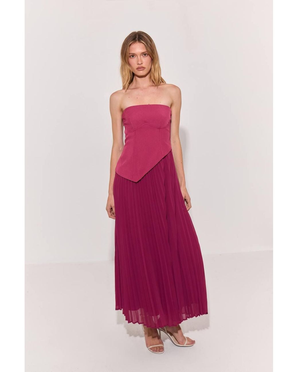 Warehouse Pink Bandeau Bodice Pleated Chiffon Midi Dress