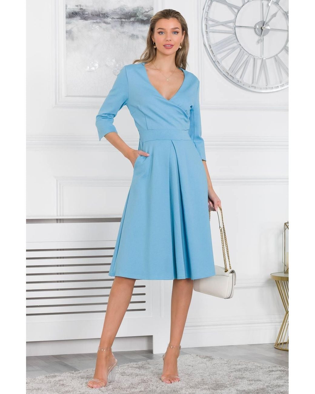 Jolie Moi Blue Paige 3/4 Sleeve Wrap Dress